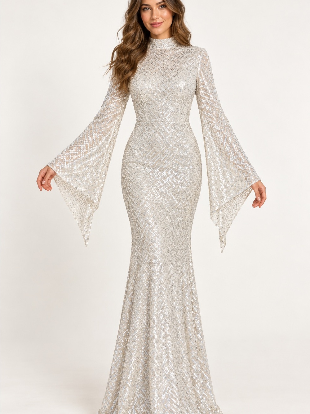 Silver Sequined Long Sleeve Mermaid Evening Dress